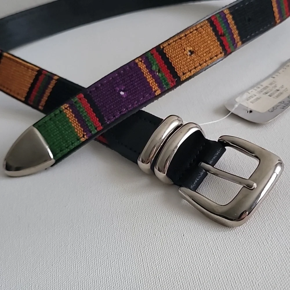 Vintage Multicolor Woven Stripe Belt with Black Leather Backing